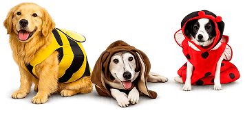 Three dogs dressed in costumes