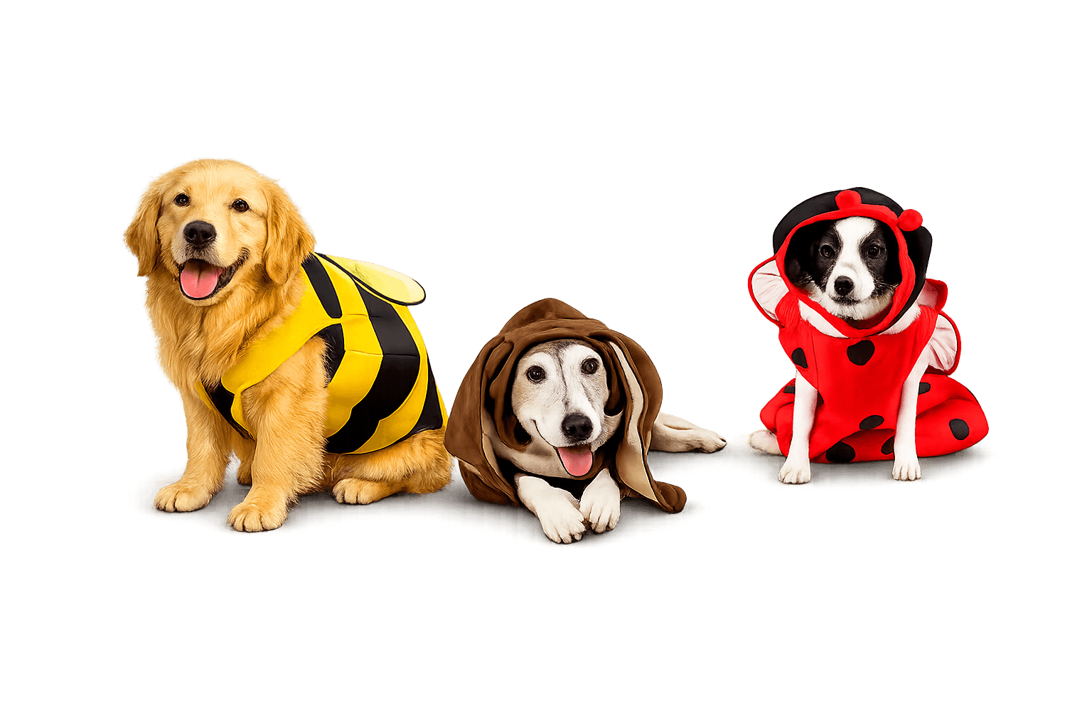 Three dogs dressed in costumes