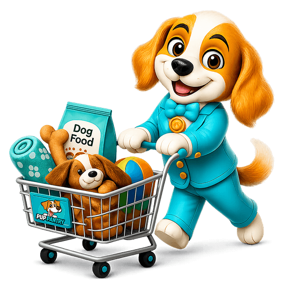 Scooch pushing a Pup Pantry trolley full of dog products
