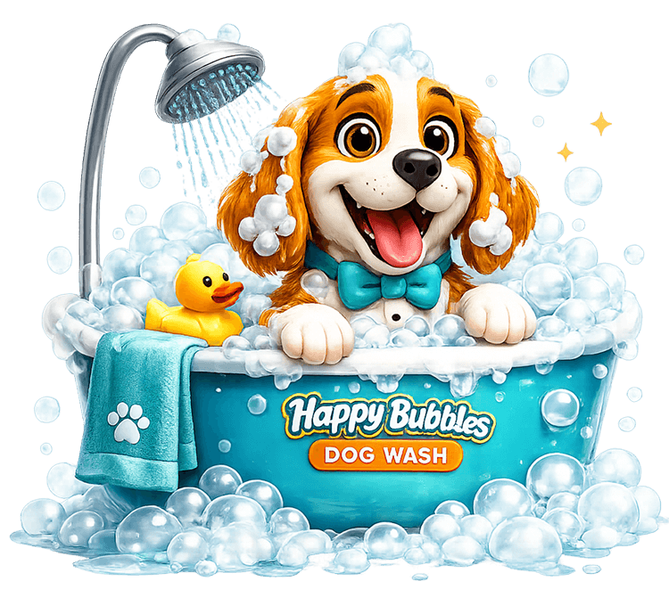 A happy spaniel sitting in a Happy Bubbles dog wash tub, covered in suds