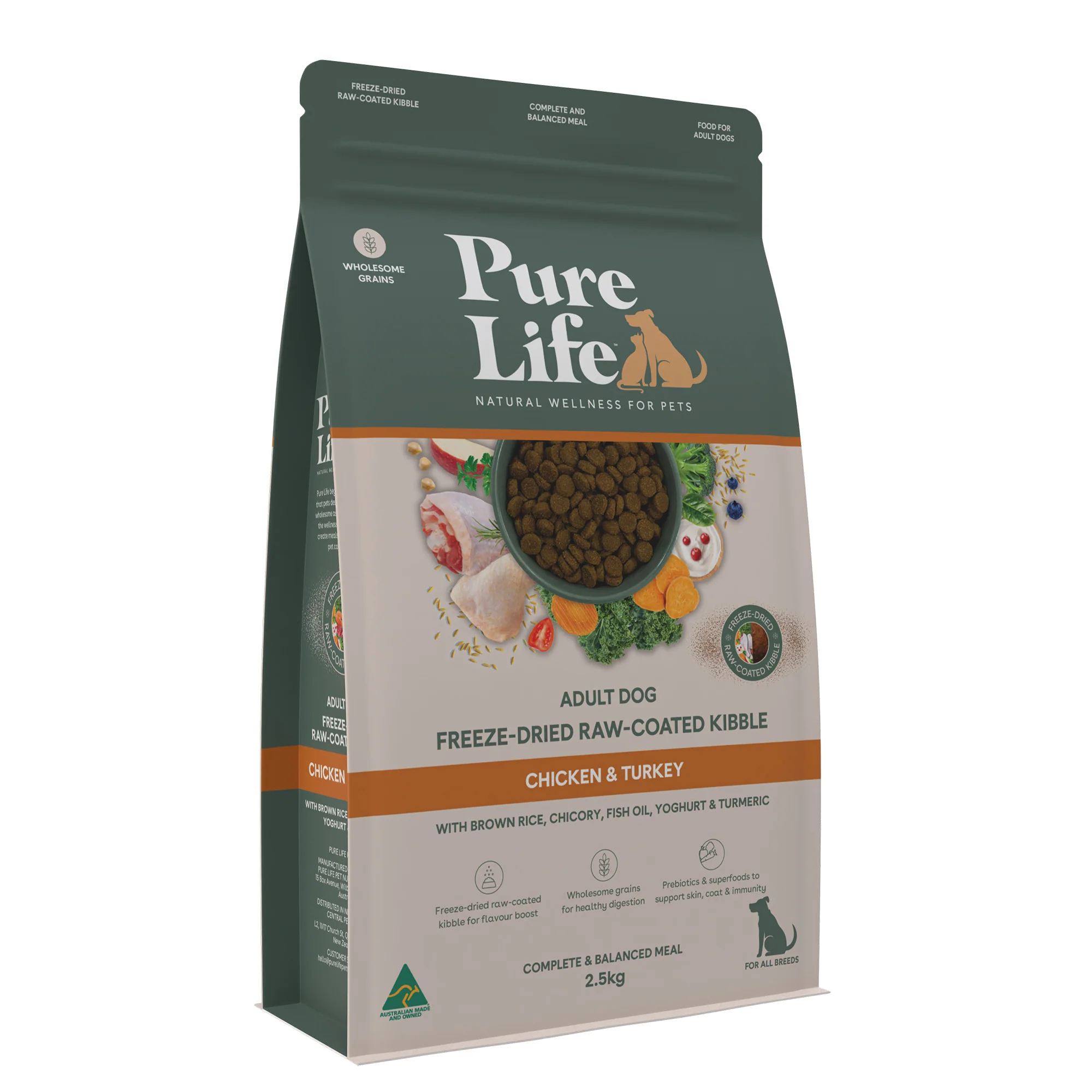 Pure Life - Adult Dog - Freeze-Dried Raw Coated Kibble - Chicken & Turkey 2.5kg